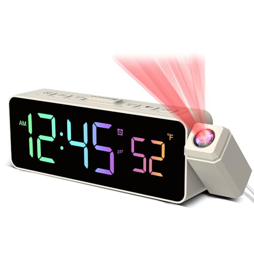 Netzu Réveil numérique avec projecteur à 180°, Affichage de température, écran LED, 4 Niveaux de luminosité, 3 Niveaux de Volume, Fonction Snooze de 9...