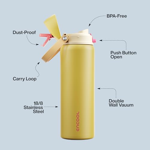 Image of Insulated Water Bottle with Straw - Encool Stainless Steel Water Bottle with Push Button Lid, Leak-Proof & BPA-Free, Keeps Cold for 24 Hours for Sports, Travel, Gym (32 oz, Ginger)