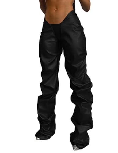 Women's Stacked Faux Leather Pants, Low Waist Ruched Metallic Trouser