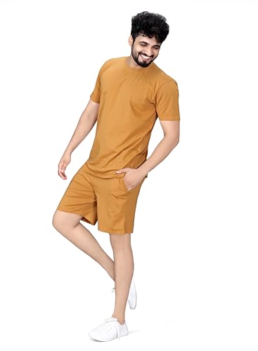 Image of ELLITI Cotton Blend Solid Casual Round Neck Half Sleeve Oversized Co-ord Set Men's, Pyjama Set, Sleepwear Loungewear T-Shirt and Shorts Combo for Men, Night Wear for Men, Night Suit for Men's