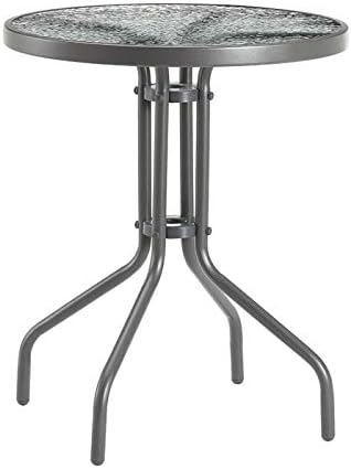 23.5 Inch Outdoor Round Dining Table WGlass Table Top | Patio Bistro Dining Table, Grey