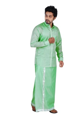 Image of PRAKASAM COTTON-Mens Art Silk Wedding Set /Art Silk 8 Mulam (8-Yard) Dhoti and Stitched Shirt for mens