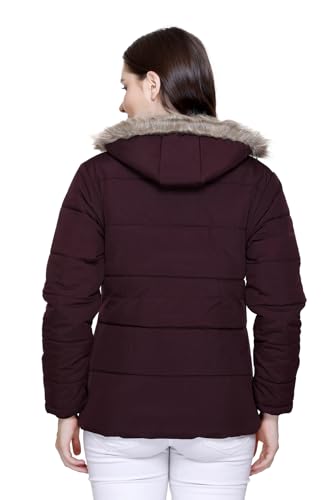 Image of Winter Puffer Jacket with Faux Fur Hood, Quilted, Full Zip, Burgundy