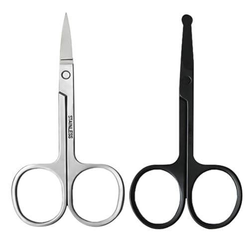 2 Pack Stainless Steel Nose & Ear Scissors With Beard & Brow Trimmer for Men & Women - Black, Silver Non-Rust Material for Precision Grooming