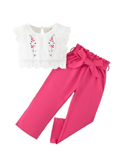 Image of Toddler Girls Sleeveless Patchwork Embroidered Lace Top and Pants 2PC Summer Clothing Set