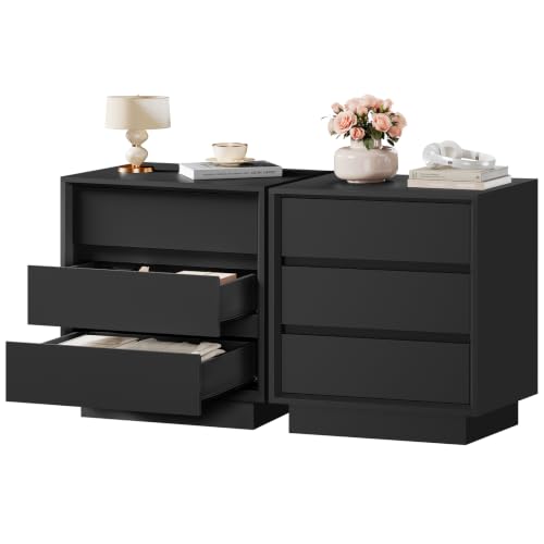 Image of TEENFON Nightstands Set of 2, Night Stand with 3 Drawers, Nightstand Side Table with Cut-Out Handle, Bedside End Table for Bedroom, Black, 17.7″ L x 15.7″ W x 23.6″ H