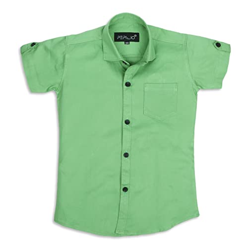 Image of Kids Stylish Solid Cotton Spread Half Sleeves Collar Regular Fit Shirt|| Formal Boys Shirt || Casual Wear Buttoned Shirt for Boys Pista Green
