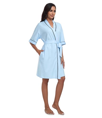 Image of ANLIQI Womens 100% Cotton Robes Lightweight Summer Short Sleeve Lady Bathrobe Knee Length Kimono Robe Sleepwear with Pockets