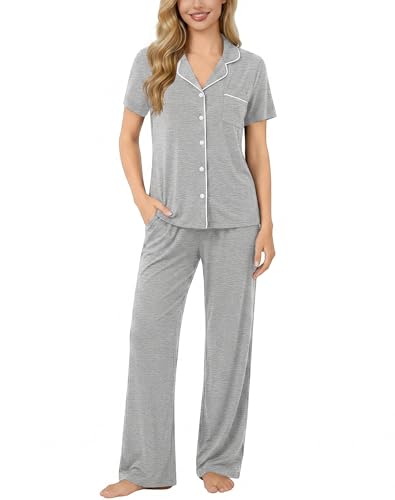 Image of SWOMOG Women Pajama Sets Two-Piece Nightwear Short Sleeve Sleepwear Button Down Pj Lounge Sets with Long Pants