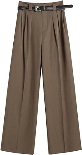 Women's Autumn Straight Wide Leg Pants with Belt High Waist Casual Solid Loose Fit Ankle-Length Pants
