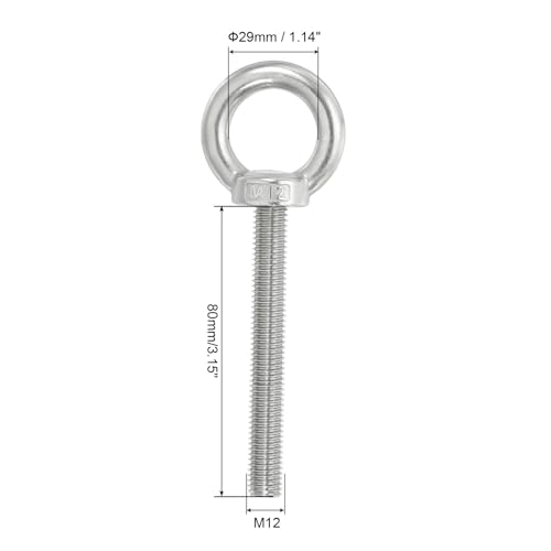 Image of PATIKIL M12 x 80mm Lifting Shoulder Eye Bolt, 2Pcs 304 Stainless Steel Lifting Ring Threaded Eyebolt with Nuts Washers for Hanging Hammocks Articles