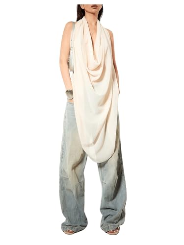 OYOANGLE Women's Backless Cowl Neck Sleeveless Tank Top Draped Front Chiffon Trendy Tops