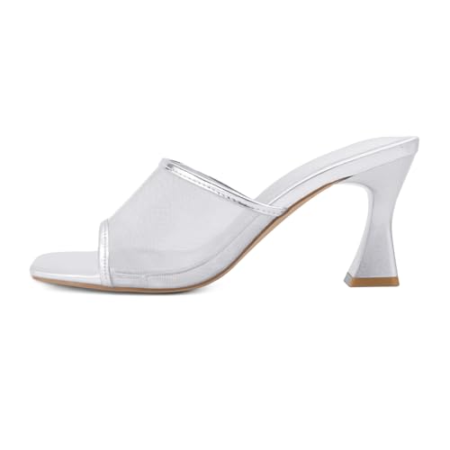 Image of Women's Mule Heels Chunky Kitten Heeled Sandals Mesh Slip On Square Toe Comfortable Casual Dress Pumps Shoes
