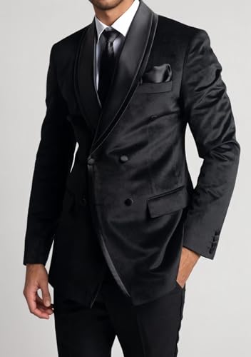 Mens Velvet Suit 2 Piece 4 Button Tuxedo Shawl Lapel Suits for Men Double Breasted Blazer Pants for Party Mens Suits3