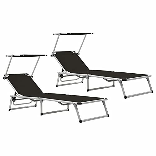 ARKEM Tumbonas Plegables con toldo 2 uds Aluminio y textilene Negro Tumbonas Jardin Hamaca Plegable