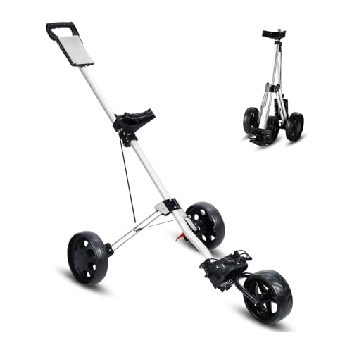 fiakoais Golf Push Cart 3 Wheel Golf Trolley Foldable Walking Golf Cart with Foot Brake Mechanism Lightweight Aluminium Golf Push Trolley with Scorecard Holder Tee Holder Ball Mount (White)