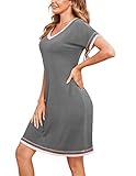 Ekouaer Damen Nachthemd Kurzarm Nachtwäsche Negligees V-Neck Schlafhemd Sexy T-Shirt Sleepshirt S-XXL, grau,M
