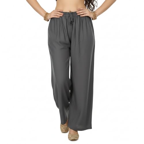 Image of Women's Rayon Palazzo Pants | Solid Color Wide Leg Trousers in 18 Shades | Elastic Waist Casual Bottoms XS-7XL | Comfortable