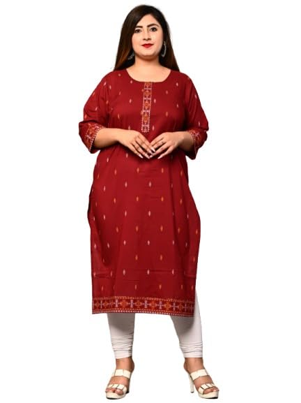 Women Ikat Printed Pure Cotton Plus Size Straight Kurta Mustard