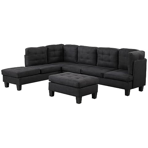 Casa Andrea Milano Modern Sectional Sofa L Shaped Couch with Reversible Chaise & Ottoman, Large Living Room Furniture, Black Cover