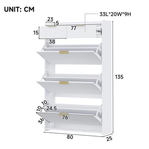 Scarpiera 80 cm bianco, 3 ribaltabili, 2 cassetti, design moderno
