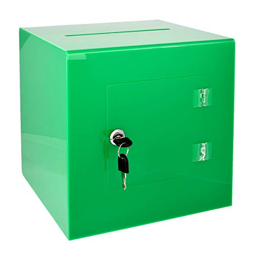 AdirOffice 10'' x 10'' Acrylic Ballot Box Donation Box with Easy Open Rear Door - Durable Acrylic Box with Lock - Ideal for Voting, Charity & Suggestion Collection - Green