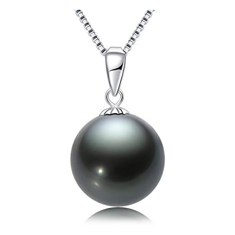 DENGGUANG 18K Gold Black Pearl Necklace 10-11mm Genuine Tahitian Cultured Round Pearls Pendant with 18" Sterling Silver Chain - Jewelry Gifts for Mom Women Wife - White Gold Cover