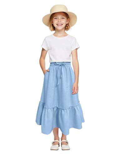 Image of Girls High Waisted Ruffle Maxi Skirt Soft Cotton Long Skirts with Elastic Waistband for Kid Girl 3-12 Years