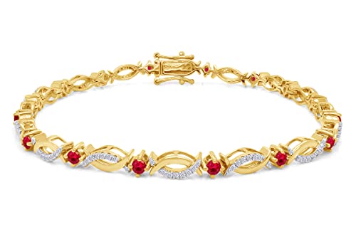Affy 14K Yellow Gold Plated 925 Sterling Silver Round Simulated Ruby & White Cubic Zirconia Link Bracelet Jewelry For Women 8.5 #TOP12