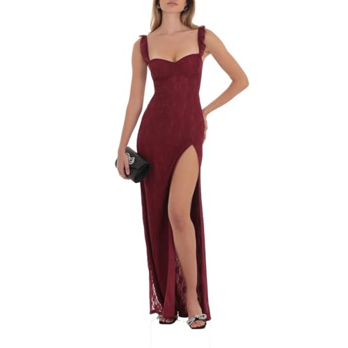 Image of Women Sexy Lace High Split Long Dress Sweetheart Neck Ruffled Sleeve Backless Maxi Dress Party Cocktail Cami Dress