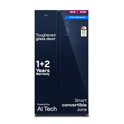Godrej 600L 3Star | 1+2 Year Additional Warranty | Smart Convertible Zones | Toughened Glass Door | Frost Free Inverter Side By Side Refrigerator (2025 Model, RS EONVELVET 646C RIT SM BL, Storm Blue)