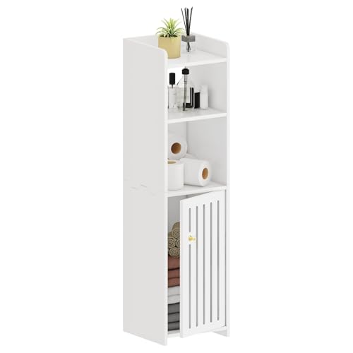 POBOMULI Narrow Bathroom Storage Cabinet, 4-Tier Slim Bathroom Organizers with Door and Open Shelf for Toilet Bathroom Small Spaces(7.9