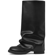 femflame Womens Fold Over Boots Slouchy Wide Calf Pleated Platform Black Boots Round Toe Chunky Stacked Riding Biker Boots Mid Calf Boots
