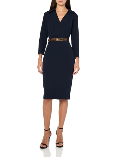 HALSTON H Women's 3/4 Sleeve Collared V-Neck Knee Length Dress,