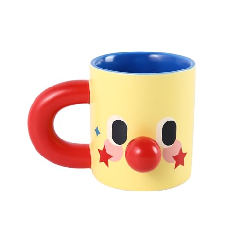WUYIAZHI Clown Ceramic Mug 10 oz Yellow Funny Face Coffee Cup with Blue Interior & Red Handle