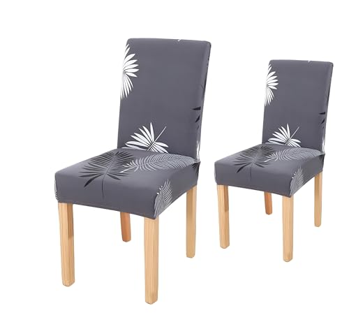 Image of Dining Chair Covers Set of 2, Stretchable Removable Washable Anti-Slip Universal Fit Printed Polyester Spandex Slipcovers (Grey Leaf)