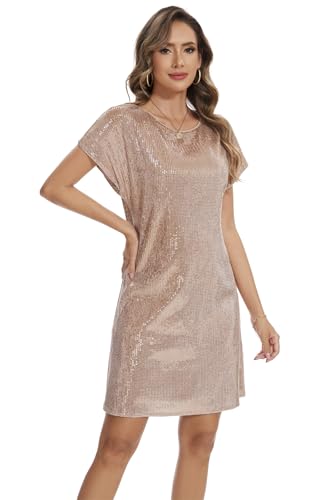 Image of Women's Crewneck Sequin Shift Dress Short Sleeve Casual Holiday Sparkly Party Dress