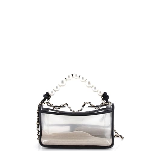 Pre-Loved Sand By The Sea Pearl Flap Bag PVC with Lambskin Medium, Black3