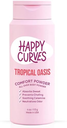 HAPPY CURVES Comfort Powder: Talc Free Anti Chafe Body & Foot Dusting Powder Deodorant to Control Inner Thigh Chafing, Private Areas, and All Over Body for Women 4 oz. (1 Pack, Tropical Oasis)