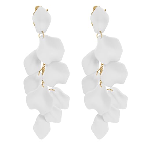 Rbenxia 1 Pair of Long Acrylic Rose Petal Dangle Earrings Rose Flower Earrings Drop Statement Layered Floral Petal Earrings for Women (White)