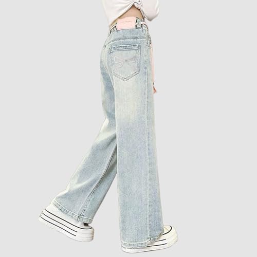 Girls Baggy Jeans Kids Y2K Streetwear Trendy High Waisted Straight Leg Denim Pants with Bowknot Embroidered Pockets2
