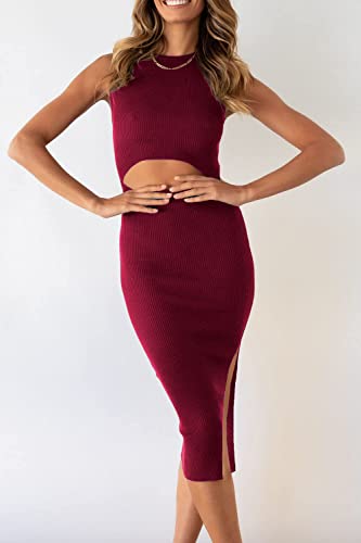 Image of PRETTYGARDEN Women's Summer Midi Bodycon Dresses Casual Crew Neck Side Slit Sleeveless Knit Cut Out Tank Top Dress