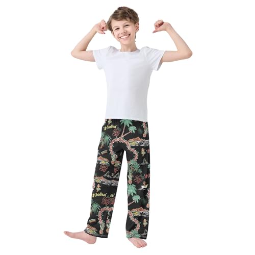 Aloha Wreath Palm Tree Boys Long Pants Soft Trousers Elastic Waist Kids Lounge Bottoms with Pockets S-XL2