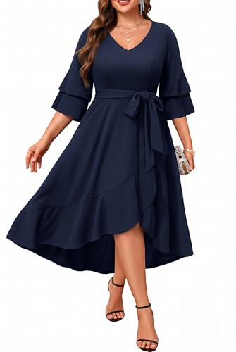 Image of Plus Size Wedding Guest Dress - Double Bell Sleeve High Low Split Dresses