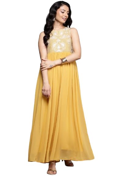 Varanga Women Yellow Thread And Zari Embroidered Yoke, Gathered At Empired Line Long Dress