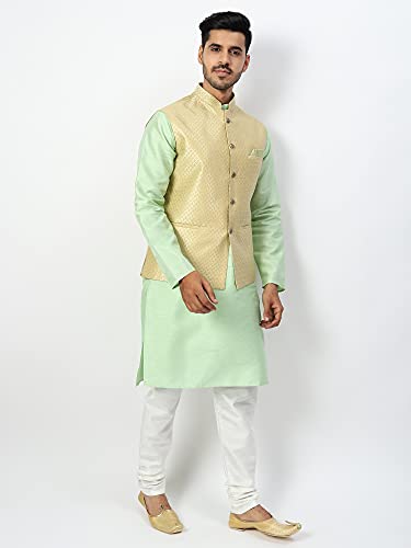 Image of Uri and MacKenzie Men's Silk Blend Regular Kurta Churidar Pyjama with Bundi Nehru Jacket /Waistcoat