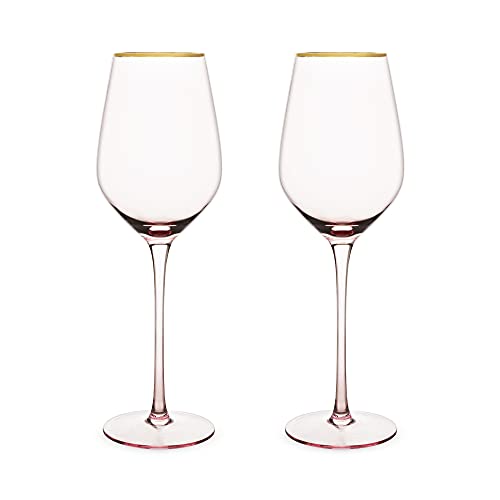 Twine Rose White Wine Glasses, Gold Rimmed Pink Tinted Crystal Wine Glass Set, Stemmed Wine Glasses, Set Of 2, 14 Ounces #TOP6