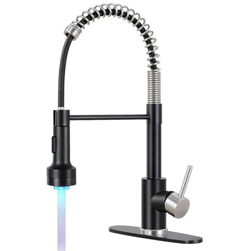 DJS Kitchen Faucets with Pull Down Sprayer Matte Black & Brushed Nickel LED Light Single Handle 1 or 3 Holes Spring Kitchen Sink Faucet with Deck Plate for Farmhouse RV Vessel Basin