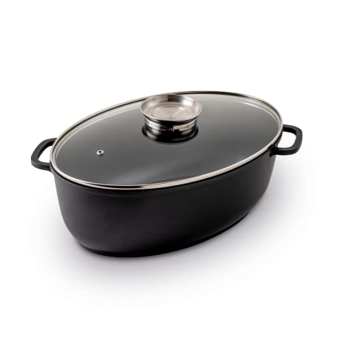 KHG Aromabräter 8,5 l mit Glasdeckel | Bräter 26x44 cm aus Aluminium oval in schwarz, Induktion, mit Aromaknopf, spülmaschinengeeignet, Backofengeeignet
