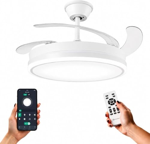 IluminaShop Ventilador de Techo con luz LED White-Olg APP con Luz CCT Regulable y Control de Intensidad, Motor DC 30W+Luz 36W, Silencioso, 6 Velocidades, 4 Aspas Retráctiles, Temporizador. IS8831